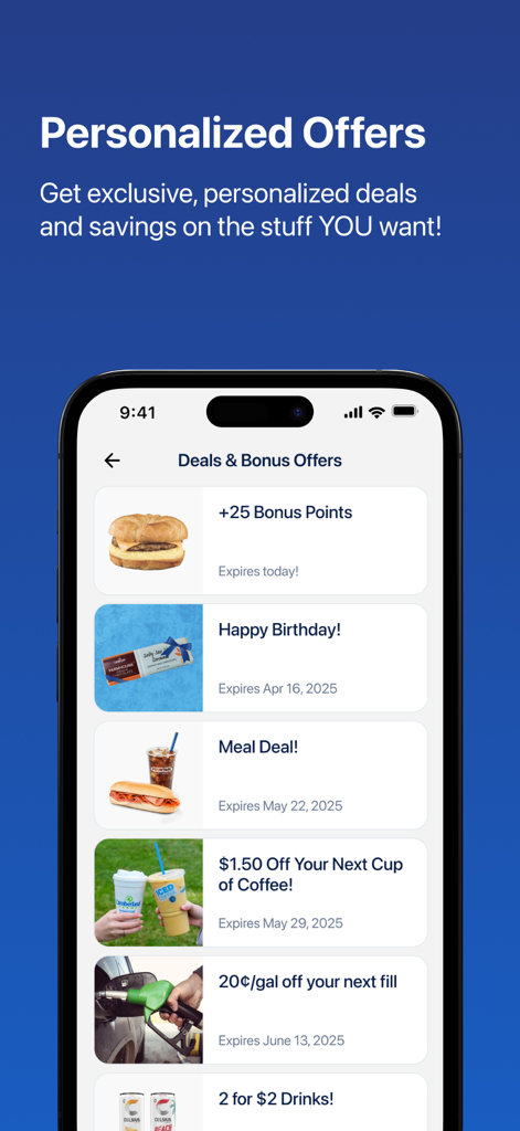SmartRewards by EG America - Smartphone screen displaying personalized offers for gas discounts coffee and snacks in the SmartRewards app