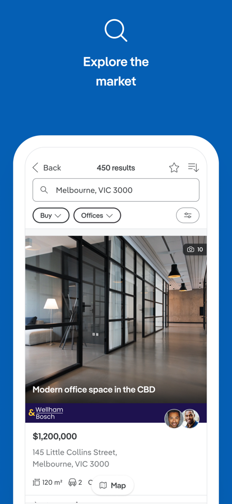 Realcommercial.com.au - メルボルンCBDのモダンなオフィススペースのリスティングを表示するRealcommercialアプリのインターフェース。
