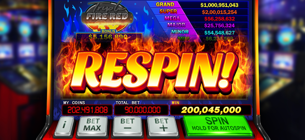 Fiery respin feature on a Triple Fire Red classic slot machine