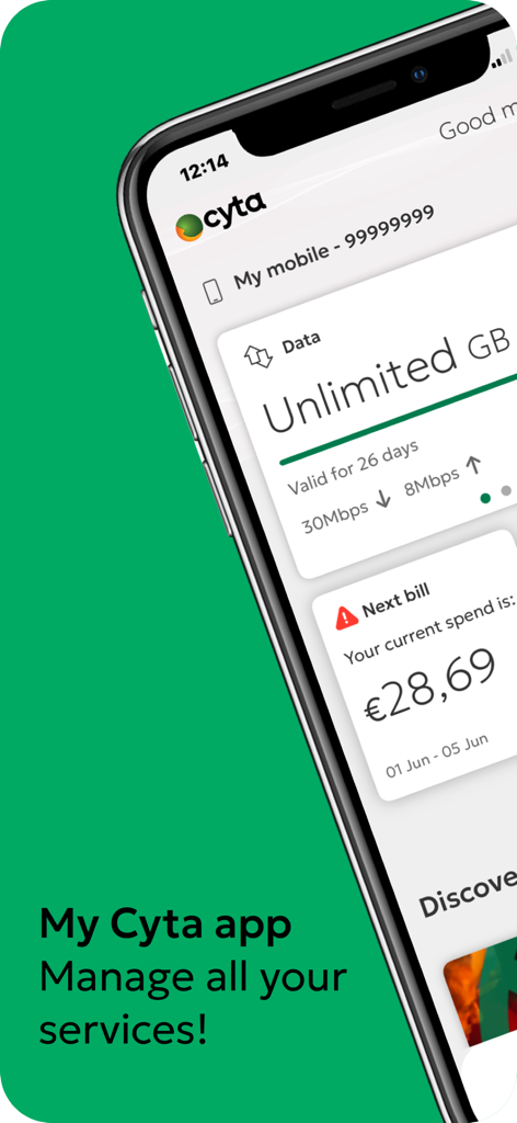 My Cyta App-Bildschirm, der unbegrenzte Datennutzung und den nächsten Rechnungsbetrag auf einem Smartphone anzeigt.