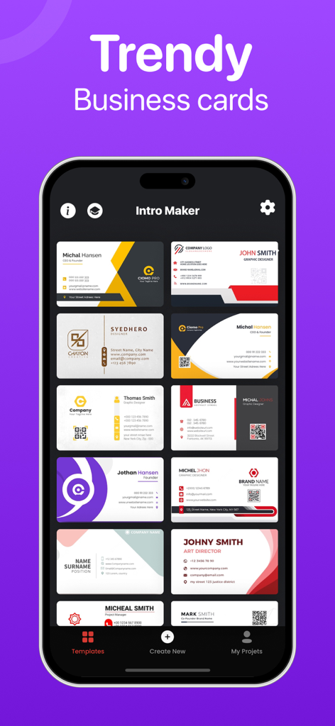 Intro Maker: Create Logo Video - A smartphone display showing a collection of modern and professional business card design templates within the Intro Maker app interface.