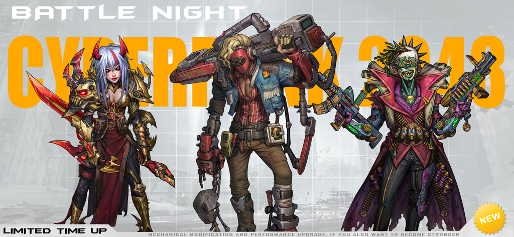 Battle Night - Drei Cyberpunk-Heldencharaktere mit futuristischer Ausrüstung und Waffen aus dem Handyspiel Battle Night