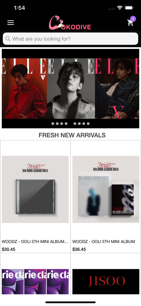 COKODIVE mobile app interface displaying new arrivals of K-pop albums and merchandise