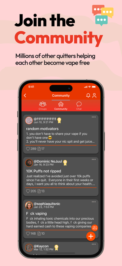 Quit Vaping - Interface de uma app móvel mostrando um fórum comunitário onde os utilizadores partilham publicações motivacionais para se ajudarem a parar de vapear.