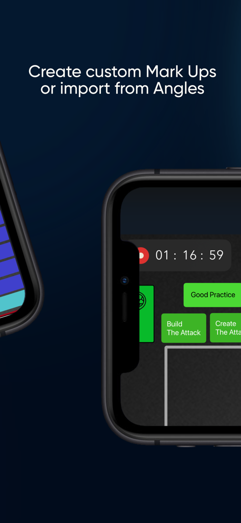 Timelines 앱 인터페이스는 실시간 타이머를 사용하여 스포츠 성능 추적을 위한 사용자 정의 마크업 버튼을 보여줍니다