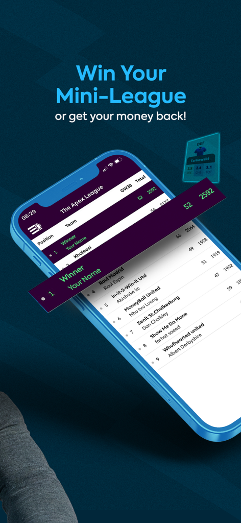 Fantasy Football Hub app interface showing a first place ranking in a mini league leaderboard