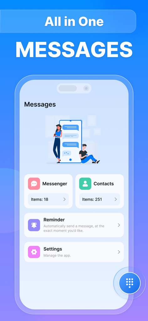 All in one Messenger - Startbildschirm der All-in-One Messenger App mit Optionen für Messenger, Kontakte, Erinnerungen und Einstellungen