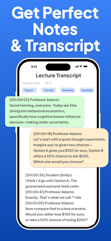 Interface do aplicativo móvel exibindo uma transcrição de palestra gerada por IA com rótulos de falante e carimbos de data/hora.