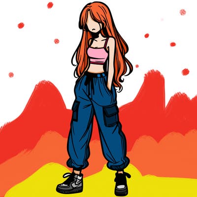 girl in baggy pants crop top and long hair