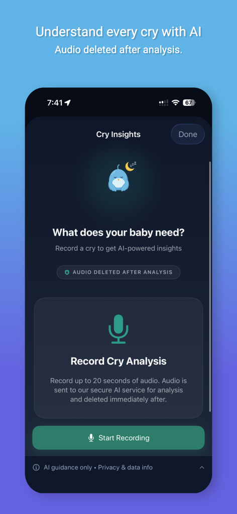 Nestling: Baby Tracker & Log - Nestling app interface showing AI powered baby cry insights and recording feature