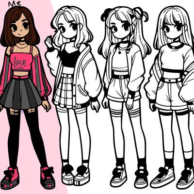 one girl with crop-top shirt and a jacket with a skirt, long socks and another girl with a shirt and pants with a jacket