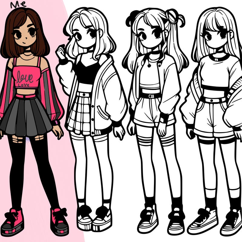 one girl with crop-top shirt and a jacket with a skirt, long socks and another girl with a shirt and pants with a jacket