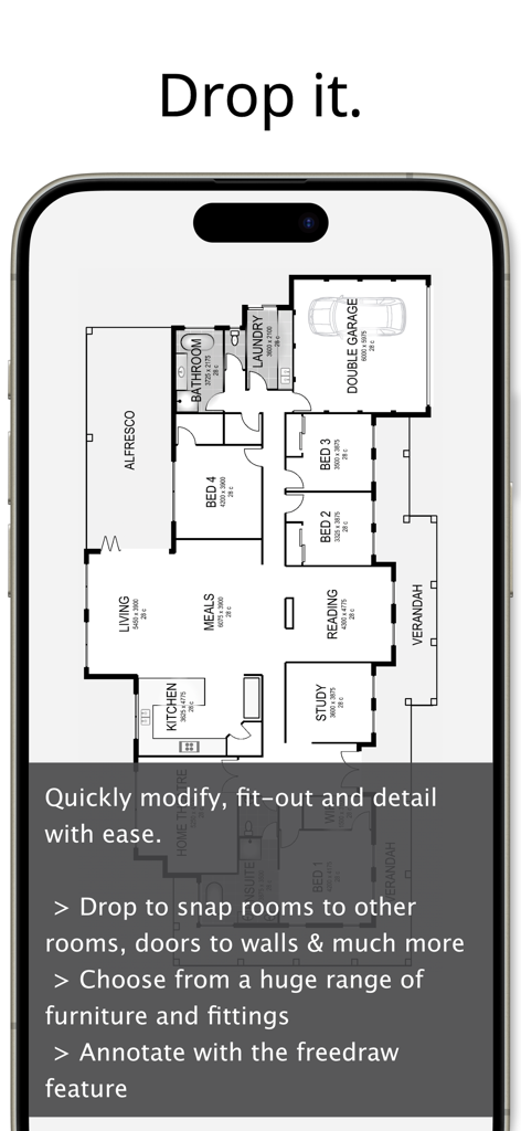 Planit2d Lite - A detailed 2D house floor plan layout displayed on a smartphone screen showcasing the drag and drop design features of the Planit2d Lite app.