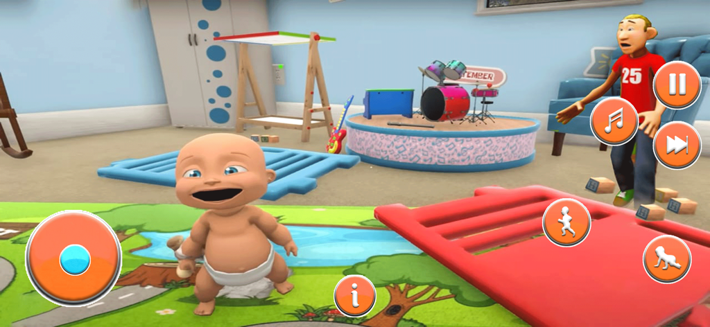 Where is Your Daddy: Boss Baby - Una captura de pantalla de un juego móvil en 3D que muestra a un bebé travieso en una sala de juegos con un personaje de padre sorprendido al fondo.