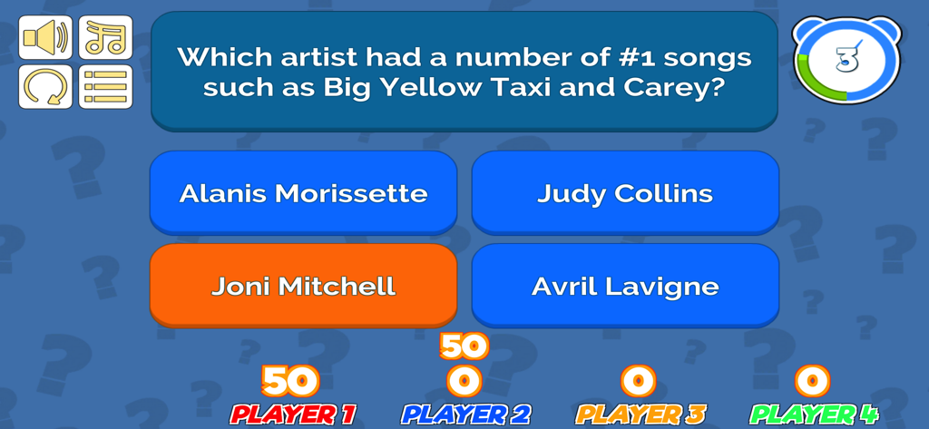 Who Was That - Pantalla de pregunta de trivia musical en la aplicación ¿Quién Era Esa? mostrando puntuaciones multijugador y respuestas de opción múltiple