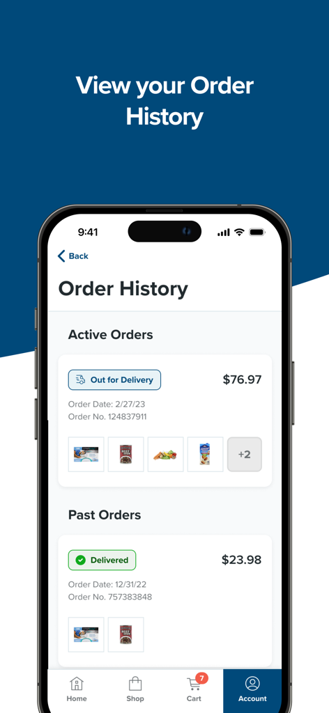 A mobile screen showing the order history with active and past orders for healthcare products in the Benefits Pro app.