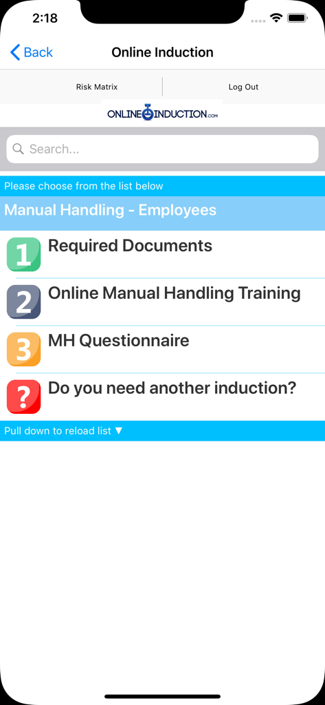 Induction - Online Induction app interface showing manual handling training modules for employees