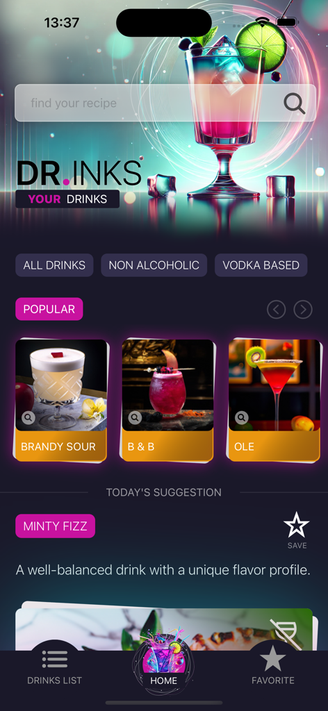 Home screen of the dr.inks app featuring popular cocktail recipes, drink categories, and a recipe search bar.