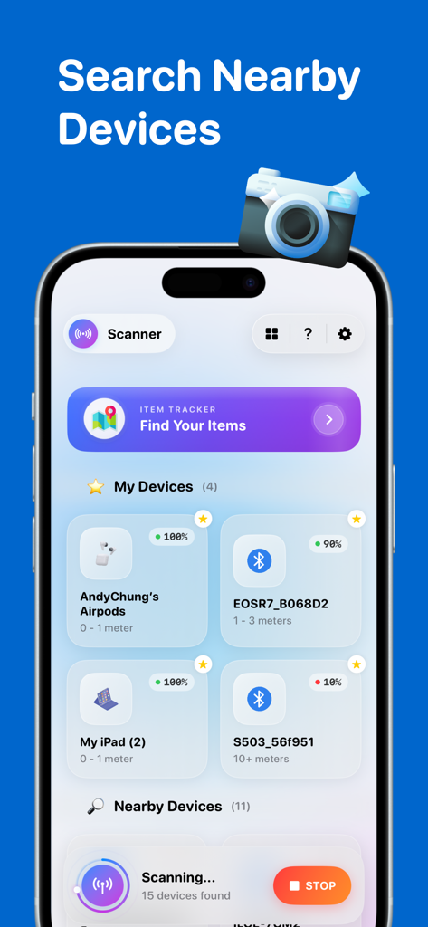 Device Finder Bluetooth Track - Interfaz de la aplicación iOS mostrando una lista de dispositivos Bluetooth cercanos con indicadores de intensidad de señal y distancia