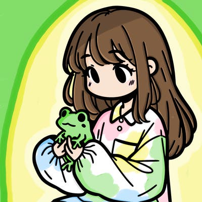 girl with long hair and a oversized shirt. and she is holding a frog
