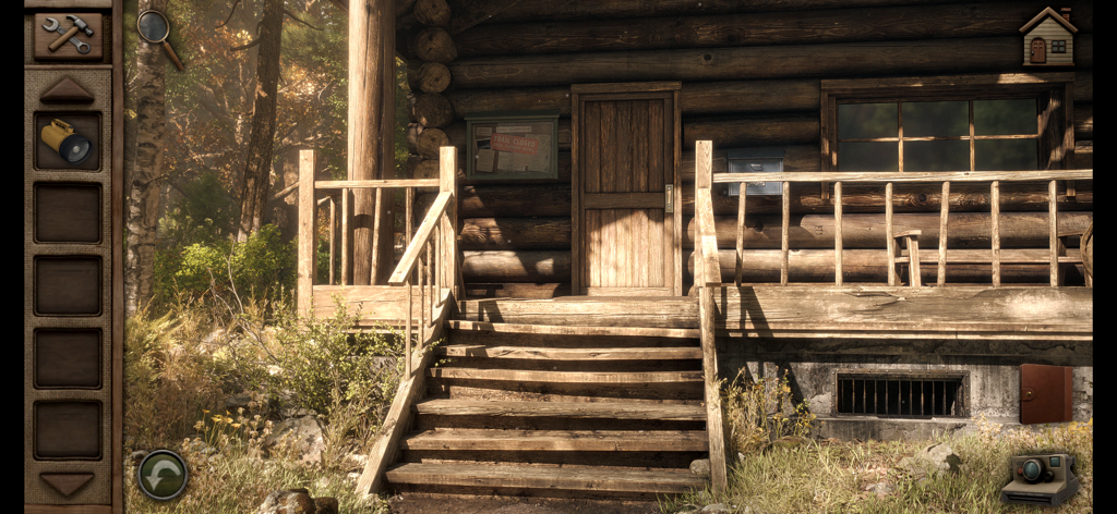 Aurora Hills: Chapter 1 - Exterior view of a wooden log cabin in a forest with a porch and stairs