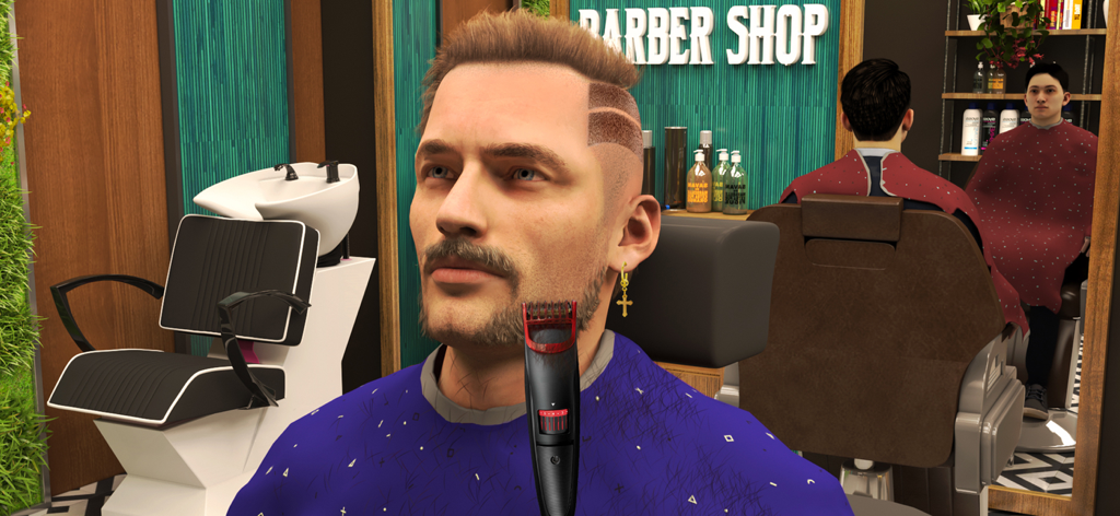 Barber Shop Hair Cut Sim Games - A 3D barber shop simulator showing a man getting a stylish beard trim and fade