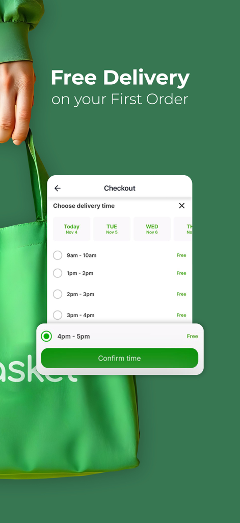 Tela de checkout do aplicativo de compras de mercado Basket, mostrando a seleção do horário de entrega e uma promoção de entrega gratuita para o primeiro pedido.