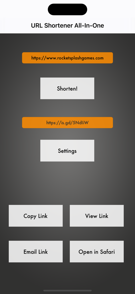 URL Shortener All-In-One - Interfaz principal de la aplicación URL Shortener All-In-One que muestra un enlace acortado y botones de acción como copiar enlace y enviar enlace por correo
