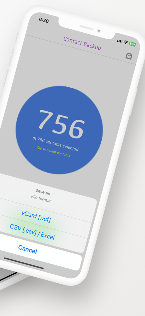 Pantalla de la aplicación móvil que muestra opciones para exportar contactos como archivos VCF o CSV de Excel