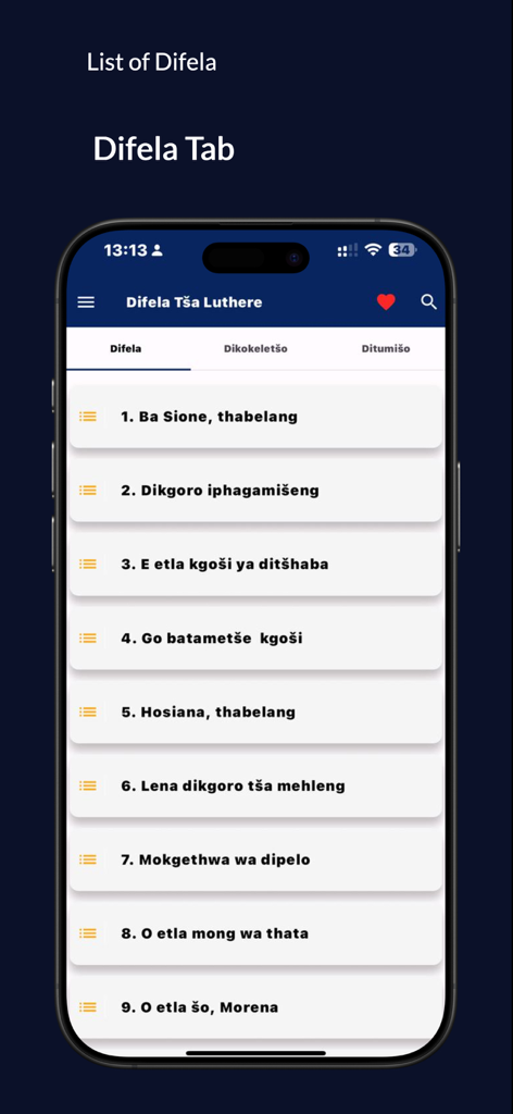 Difela Tša Luthere SA - The Difela tab of the Difela Tša Luthere SA app displaying a numbered list of Sepedi hymns.