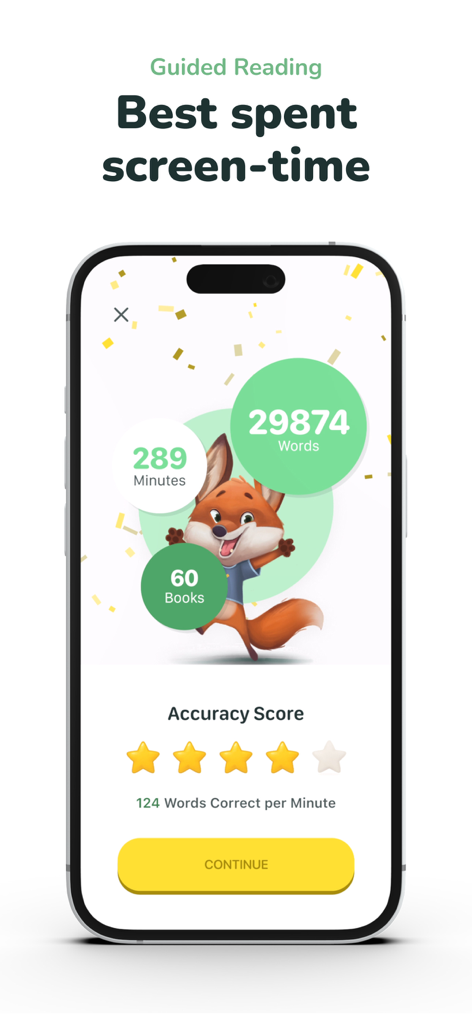 KOBI - Happy Reading - Ein Berichts-Bildschirm der KOBI-Lese-App zeigt die Lesestatistiken und die Genauigkeitsbewertung eines Kindes
