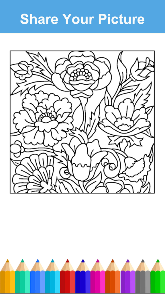 Mandala Adult Coloring Book Free Stress Relieving - A black and white floral line drawing on a digital coloring app with a row of colored pencils at the bottom