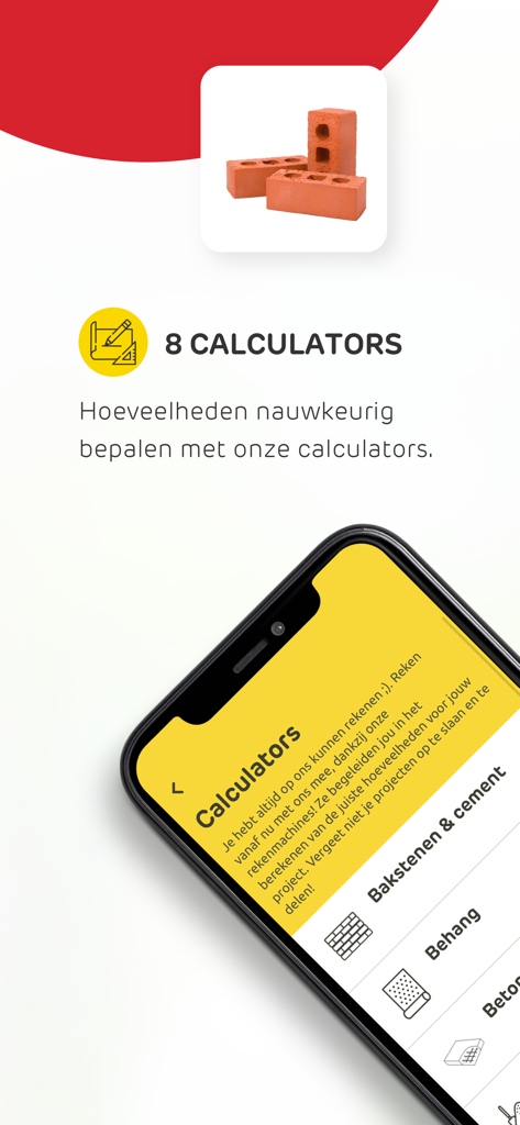 Interfaccia dell'app Brico che mostra 8 calcolatori di materiali per progetti fai da te come mattoni e carta da parati