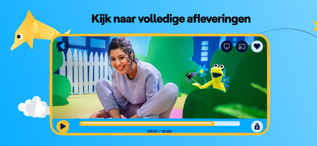 Interfaz del reproductor de vídeo en la aplicación Ketnet Junior con un presentador y un títere amarillo