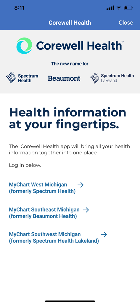 Tela de login do aplicativo Corewell Health mostrando opções regionais do MyChart para o oeste, sudeste e sudoeste de Michigan