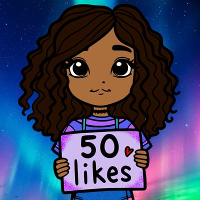 a girl with curly hair holding a sign saying 50 likes with a straight look on her face