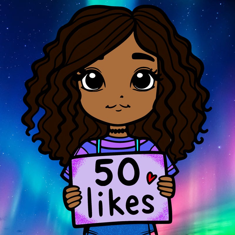 a girl with curly hair holding a sign saying 50 likes with a straight look on her face