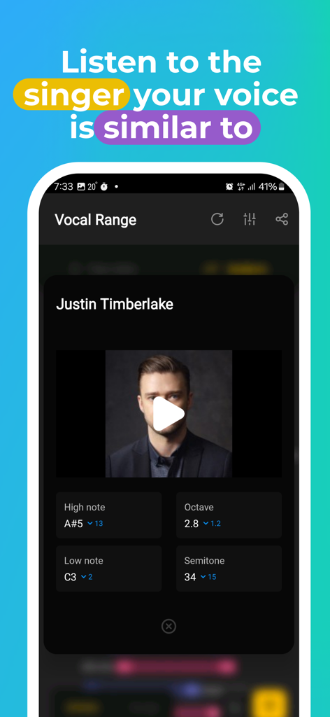 Screenshot of the Vocal Range app showing a comparison with singer Justin Timberlake and his vocal data points