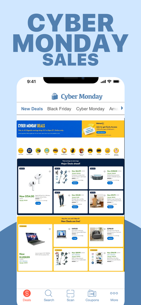 様々なショッピングセールや製品カテゴリーを表示するCyber Mondayのモバイルアプリインターフェース。