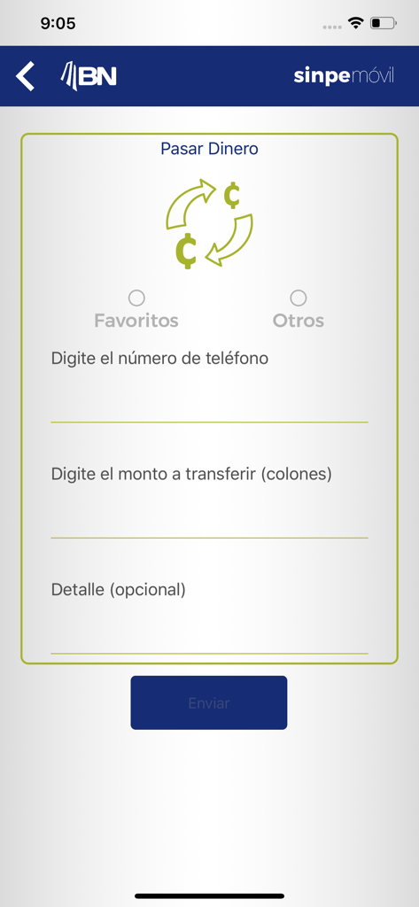 Interface of the BN SINPE Movil app showing the form to transfer money using a phone number and amount in colones