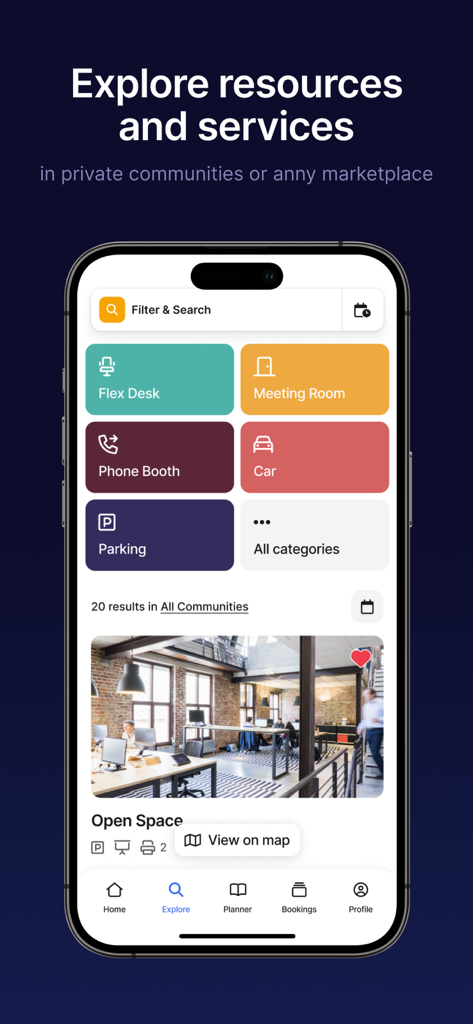 anny bookings - Anny bookings app interface for exploring office resources like desks and meeting rooms