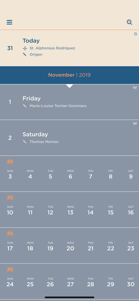 Give Us This Day - Monthly calendar screen in the Give Us This Day app showing daily saints and prayer commemorations.