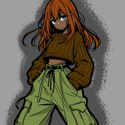 anime teen girl with baggy pants and crop top with sweater