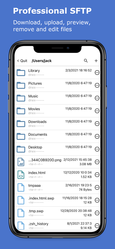 xTerminal app showing the professional SFTP interface for managing server files and folders