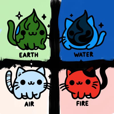 4 cats that represent the different elements, earth, water, air, and fire