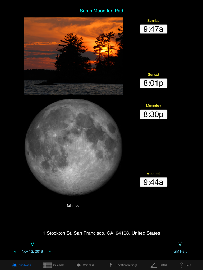 Sun n Moon for iPad - Sun n Moon app interface on iPad showing solar and lunar rise and set times for San Francisco