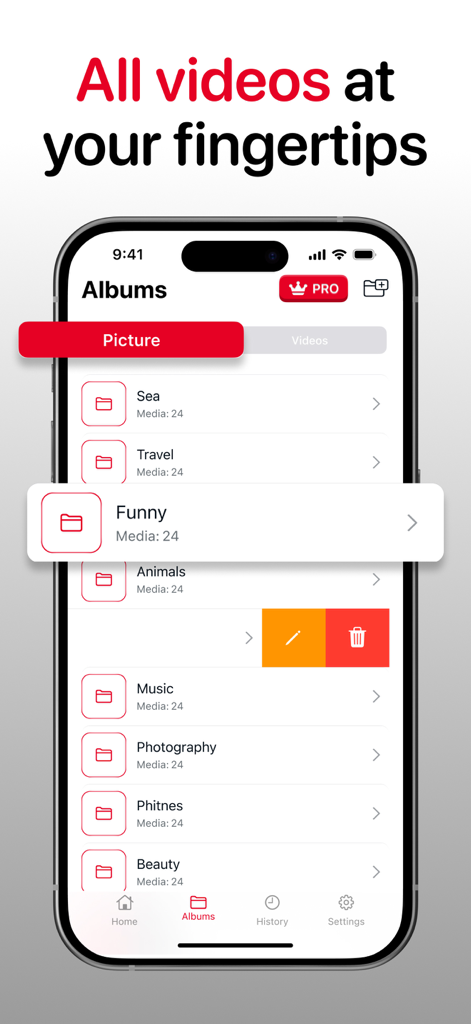 Pinterest Downloader - PinSave - Interface do aplicativo Pinterest Downloader mostrando uma lista de álbuns de mídia organizados, incluindo categorias como Viagem, Engraçado e Fotografia.