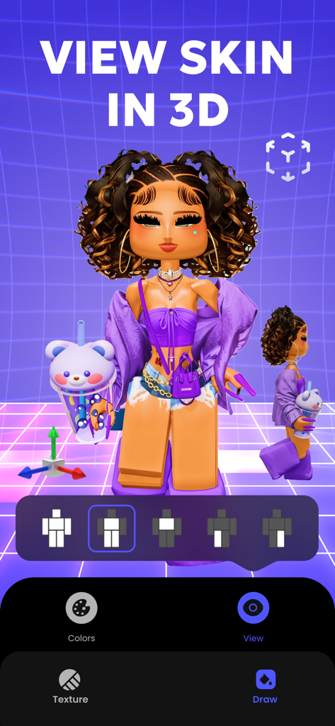 Skin Creator & Editor: Avablox - A 3D preview of a customized girl avatar skin in the Avablox editor app interface