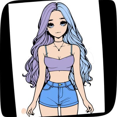 a realistic girl with long hair and in a crop top and shprts