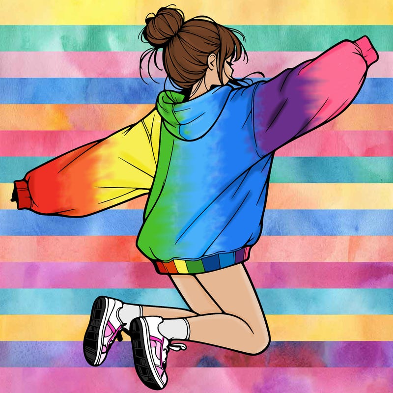 realistic girl jumping with a bun and oversized sweatshirt
